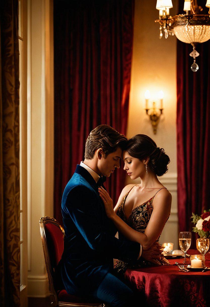 A sultry scene depicting a couple sharing an intimate glance in a dimly lit room, surrounded by shadows and soft candlelight, evoking a sense of forbidden fantasies. Add elements of romance, such as intertwined hands and a hint of playful tension in their expressions. The background should be suggestive but not explicit, with elegant decor to enhance the mature theme. Consider a color palette of deep reds, soft golds, and rich blues for an alluring ambiance. super-realistic. soft lighting. rich colors. intimate vibe.