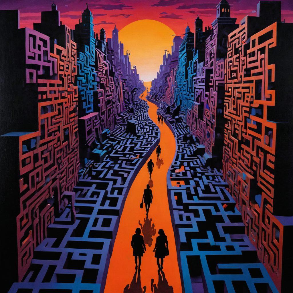 A surreal collage depicting a labyrinth of societal norms clashing with bold, provocative adult themes. Include silhouettes of figures exploring controversial art and literature in vibrant colors, set against a backdrop of dark, shadowy elements symbolizing taboo. Elements like question marks and striking imagery should pop out, inviting curiosity. A gradient sunset sky reflects the complexity of the subject matter. surrealism. vibrant colors. contrasting shadows.