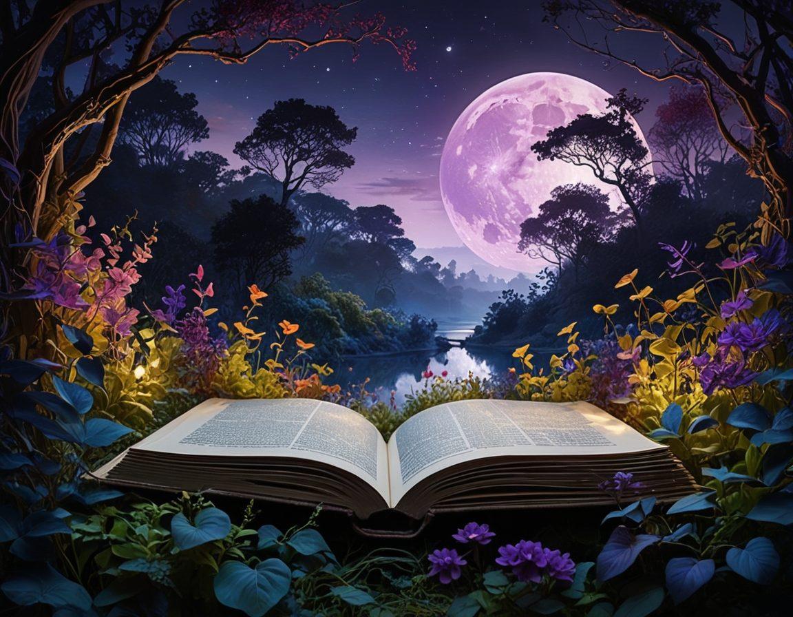 A mysterious landscape featuring a shadowy forest illuminated by ethereal lights, where silhouettes of whimsical creatures intertwine amidst lush vines and flowers. In the foreground, a vintage book partially open, with ethereal wisps rising from its pages, suggesting untold stories. A full moon peeks through the foliage, casting a mystical glow. The color palette is rich with deep purples, midnight blues, and hints of gold. surreal, vibrant colors, 3D.